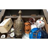 A mixed box to include Korean Jinro novelty bottles, Moroccan metal lantern, glass metal mounted