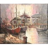 P Strapt - Continental harbour view, oil on board, signed (unframed)