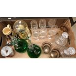 Box of glassware including green lily of the valley glass decanters and pair of cut glass decanters,