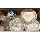 Mixed box of china and glass to include part dessert service, Spode teacups and saucers and two