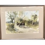 John Yardley - Horses on a country lane, watercolour, signed lower right