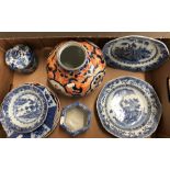 Three 18th century Chinese blue and white dessert bowls to/w a 19th century Japanese Imari vase,