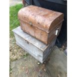 An antique stained pine trunk to/with two old dome top tin trunks (3)