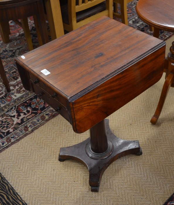 A Victorian mahogany drop-leaf side table with two drawers and opposing dummy drawers on a turned - Image 2 of 2