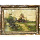 VW - Sheep on a punt within a hamlet landscape, oil on canvas, signed with monogram