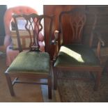 Set of six 19th century mahogany framed dining chairs with green dralon pad seats to/w a pair of