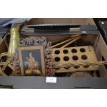 A box of wooden items to include Sorrento ware stand, tobacco jars, carpet beater, picture stand