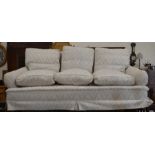 Three various country house grey-upholstered armchairs to/w a three seater sofa with pastel coloured