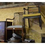 A mahogany pad seated open armchair to/w ebonised open armchair with carved back and seat and carved