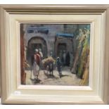 Tara Jowett? - A Moorish market with figures and mule, oil on board, signed indistinctly lower