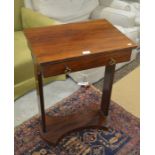 A small mahogany side table with single frieze drawers and concaved platform base