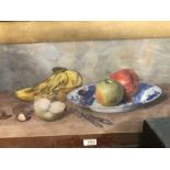 A pair of watercolour still life studies of fruit, signed EMS 1926, to/w two prints etc (4)