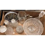 A box of cut glass to include a heavy footed bowl, a pair of 19th century spirit decanters and two