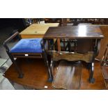 An Edwardian inlaid box seated piano stool to/w oak tray top side table