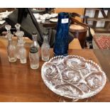Six Victorian condiment bottles to/w a studio glass blue vase  and a heavy cut glass heavy glass