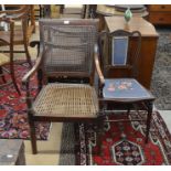 19th century caned open armchair to/w carved bedroom chair with embroidered seat and back (2)