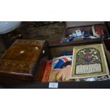 A parquetry inlaid jewellery box, to/w books and magazines relating to HM Queen Elizabeth II