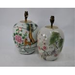 An associated pair of famille rose oviform vases or lamps