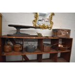 A large antique copper lidded pan, a copper saucepan, three copper kettles, copper open pan, brass