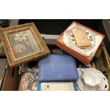 A box to include cased EP flatware, Royal Albert miniature teapots, oil on canvas of daffodils etc.