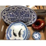 TB & S 'Indian Ornament' oval blue and white transfer printed meat plate and Wood & Sons 'Yuan' oval