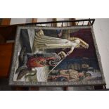 A machined wall tapestry depicting Queen Guinevere knighting Sir Lancelot with onlookers