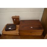 A mahogany writing slope, an oak metal inlaid key store, a mahogany box and a pine box