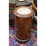 A pair of mahogany circular drum cabinets with inset marble tops and turned bun handles (2)