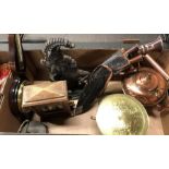 A box of collectables including;  Mr Punch door stop, oak cased perpetual calendar, copper kettle,
