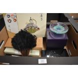 Japanese items to include a collection of fans, a lacquered box, a wooden boxed set of lacquerware