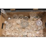 A box of glass to include ribbon etched drinking glasses, decanter, rose bowl, salts etc.