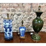 Two modern Chinese blue and white table lamps to/w a metal green marble effect lamp base (3)