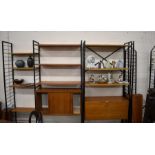 A modular Ladderax wall unit system comprising adjustable component shelves and storage units