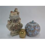 A Chinese bone veneered garniture vase and cover and two other items