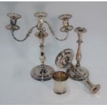 A pair of Old Sheffield Plate candlesticks, candelabrum and beaker