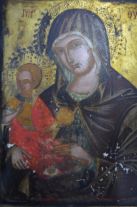 An antique Coptic icon, Madonna and Child, painted and gilded on panel - Image 2 of 8