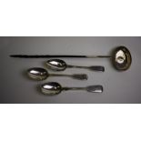 Three various Victorian silver fiddle pattern dessert spoons etc.