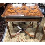 An antique marquetry card table, the hinge-over revolving top with lobed corners and green baize lin