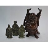 Three Chinese bronze figures of the Sanxing, late Qing to/w a hardwood figure of Hotei (4)