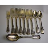 A set of six George III silver fiddle and thread flatware