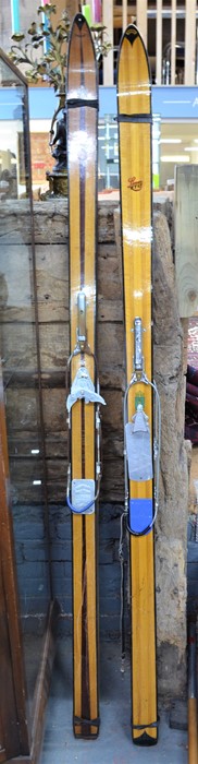 A good pair of 1950s vintage Attenhofer hickory skis with Tyrolia aluminium bindings