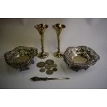 A pair of Victorian pierced silver heart-shaped bonbon dishes and other silver