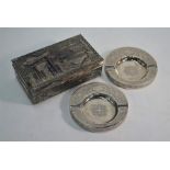 A pair of 84 zol Persian silver ashtrays and EP Japanese cigarette box