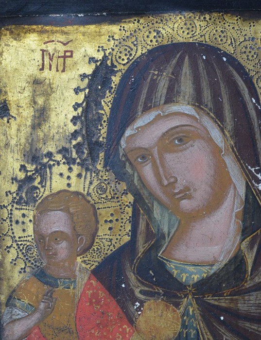 An antique Coptic icon, Madonna and Child, painted and gilded on panel - Image 5 of 8