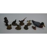 Seven various small painted gesso figures of birds to/w two painted wood ducks