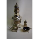 An octagonal baluster silver sugar caster etc.