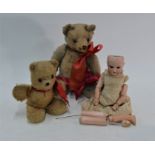 A vintage silver-mohair teddy bear and doll