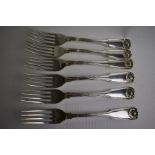 A set of six George III silver fiddle, thread and shell table forks