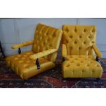 A good pair of contemporary Chinese yellow button upholstered slipper chairs in the Victorian style