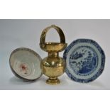 A Chinese export bowl and plate and a Middle Eastern brass cuspidor